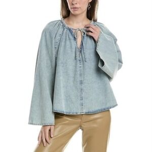 FRAME Aries Denim Linen Peasant Blouse Acid Wash Blue WW23DWT003 Womens XS